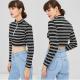 Trendy Women Clothing Stripe Long Sleeve O Ring Zip Crop Tee Top