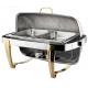 Titanium Coating Oblong Chafing Dish Roll Top Lid Gold Legs and Handle 2-Compartment Stainless Steel Food Container