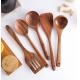 Natural Nonstick Hard Wood Cooking Utensils Spatula Spoons Set And Storage Wooden Barrel