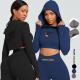 1000 Quantity Workout Hoodie HEXIN Women's Long Sleeves Crop Top with Cut-out Hooded Top