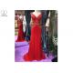 V Neck Red Lace Mermaid Prom Dress Sleeveless Sweep Train Beading Open Back